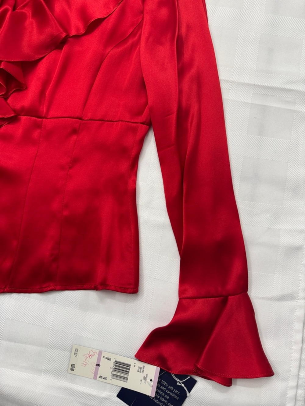 Anne Klein Red Satin Ruffled Button-Front Blouse - Picture 7 of 16